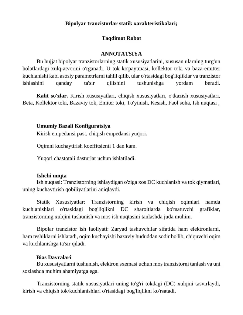 Bipolyar tranzistorlar statik xarakteristikalari
