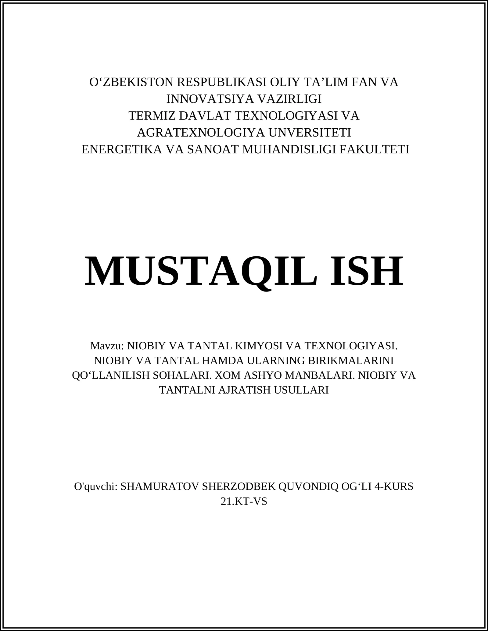 NIOBIY VA TANTAL KIMYOSI VA TEXNOLOGIYASI