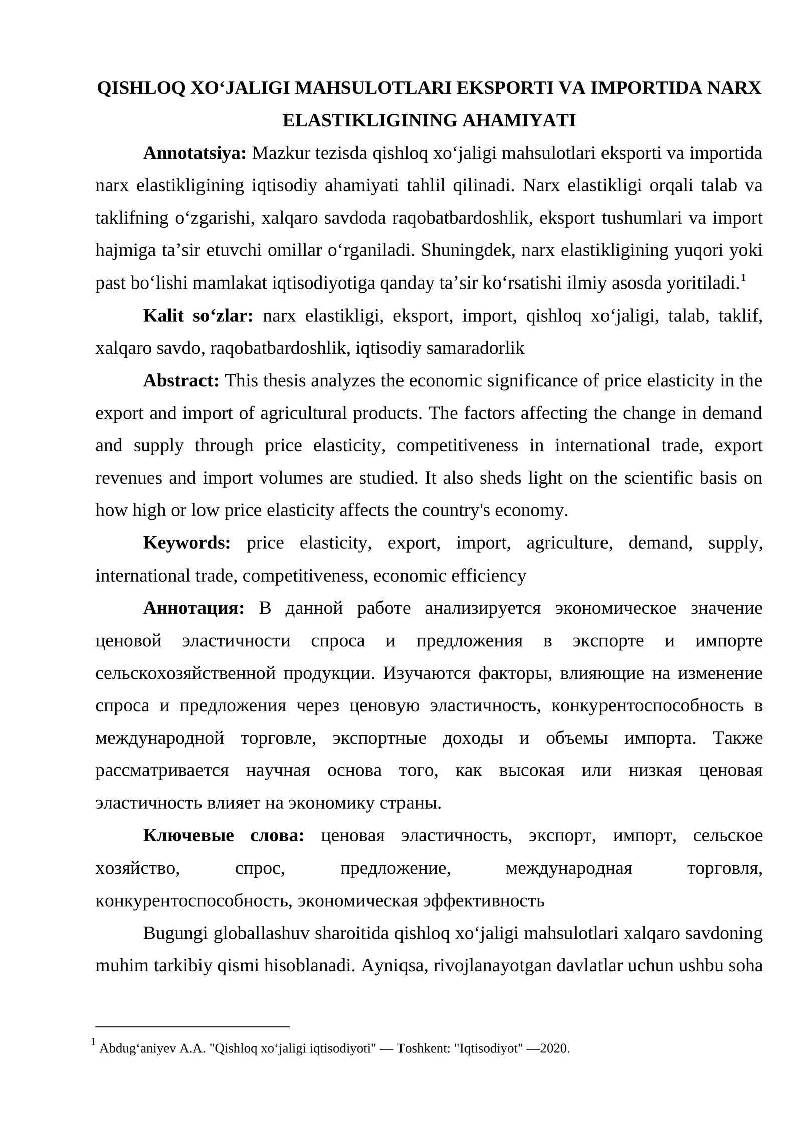 QISHLOQ XO‘JALIGI MAHSULOTLARI EKSPORTI VA IMPORTIDA NARX ELASTIKLIGINING AHAMIYATI