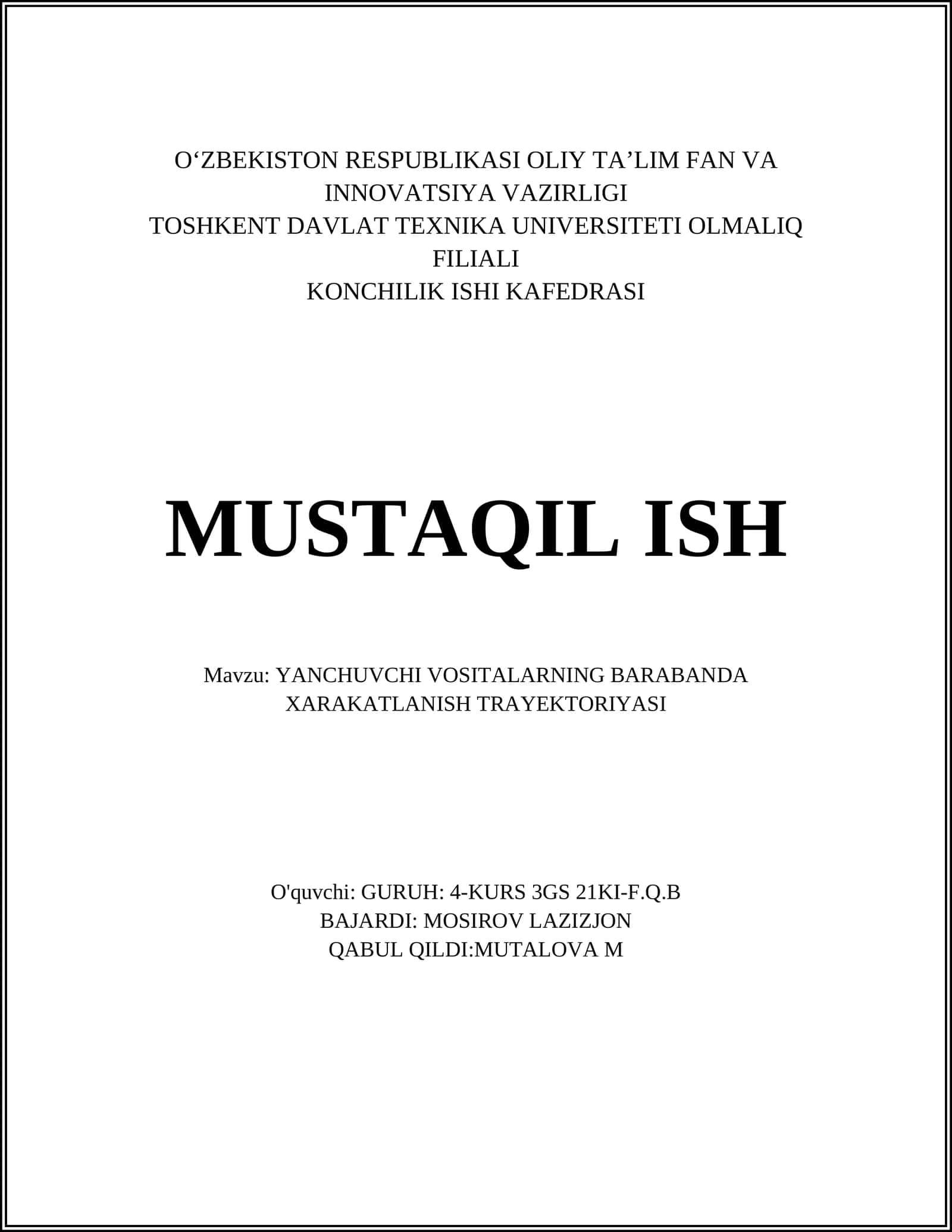 YANCHUVCHI VOSITALARNING BARABANDA XARAKATLANISH TRAYEKTORIYASI