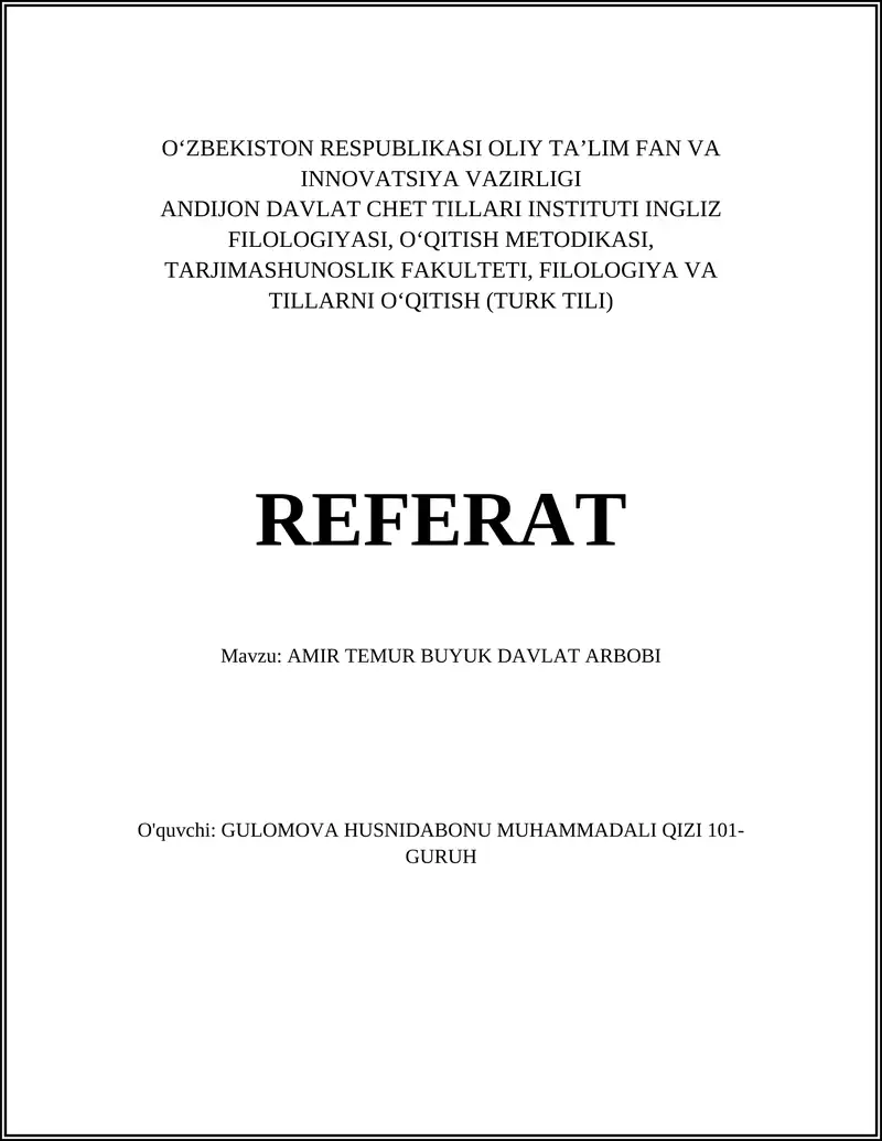 AMIR TEMUR BUYUK DAVLAT ARBOBI