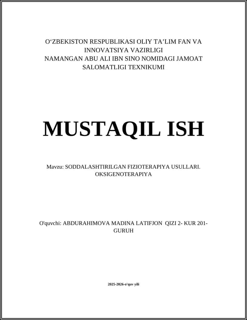 Soddalashtirilgan Fizioterapiya Usullari va Oksigenoterapiya
