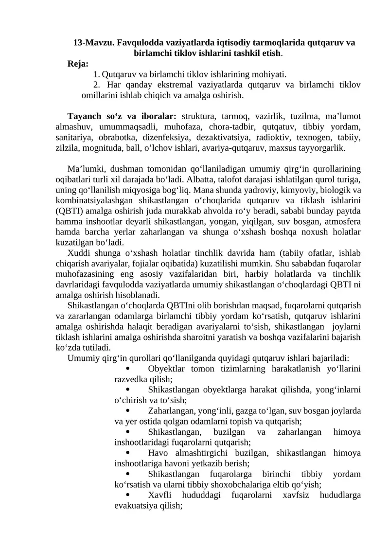 Qutqaruv va birlamchi tiklov ishlarini tashkil etish