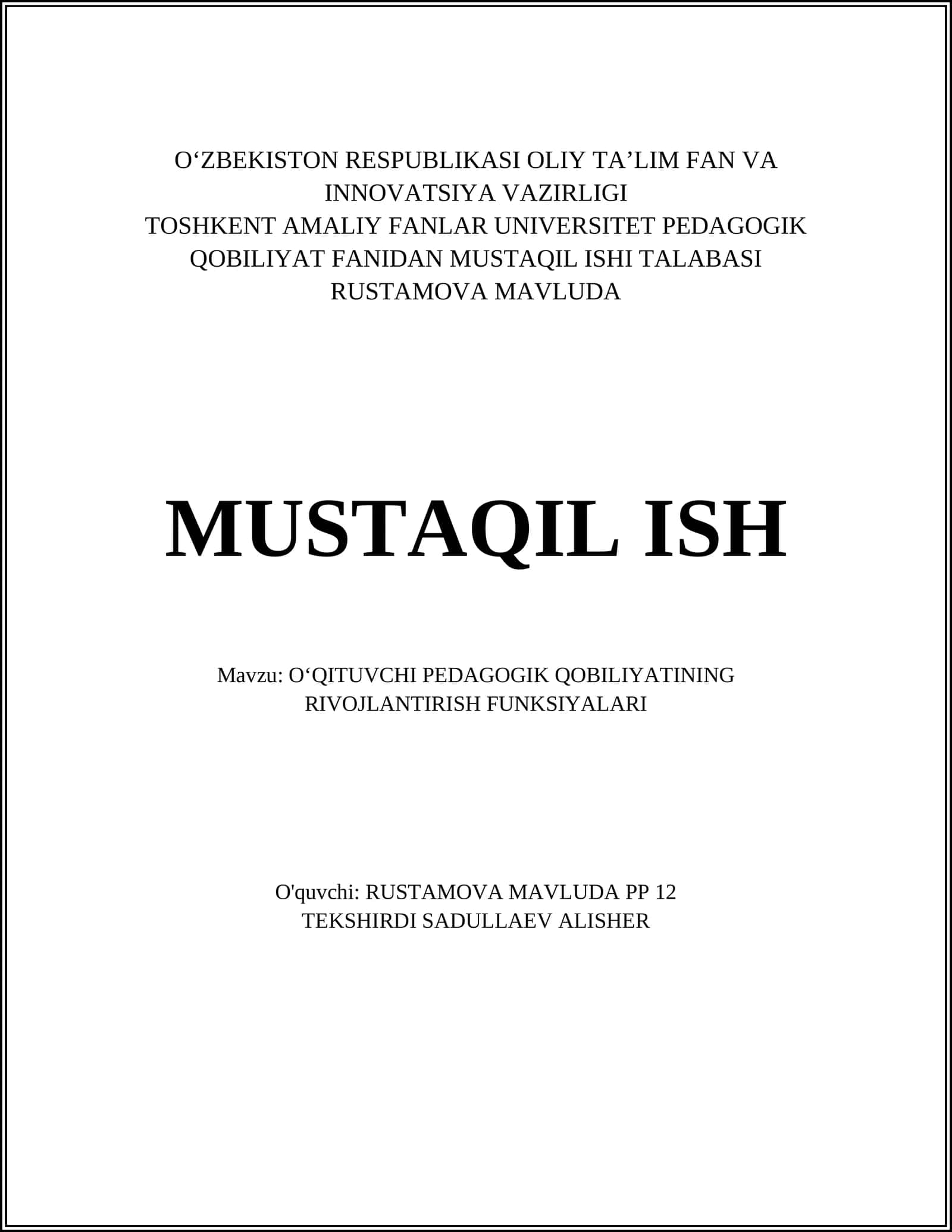 OʻQITUVCHI PEDAGOGIK QOBILIYATINING RIVOJLANTIRISH FUNKSIYALARI