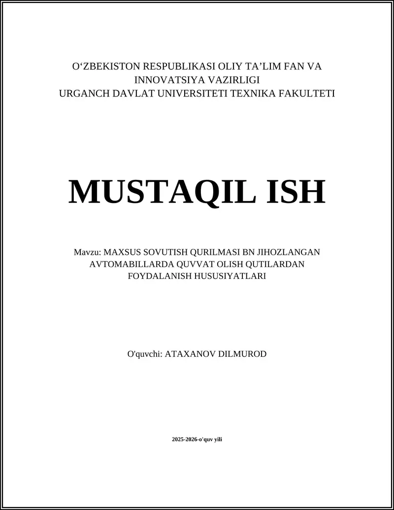 MAXSUS SOVUTISH QURILMASI BN JIHOZLANGAN AVTOMABILLARDA QUVVAT OLISH QUTILARDAN FOYDALANISH HUSUSIYATLARI