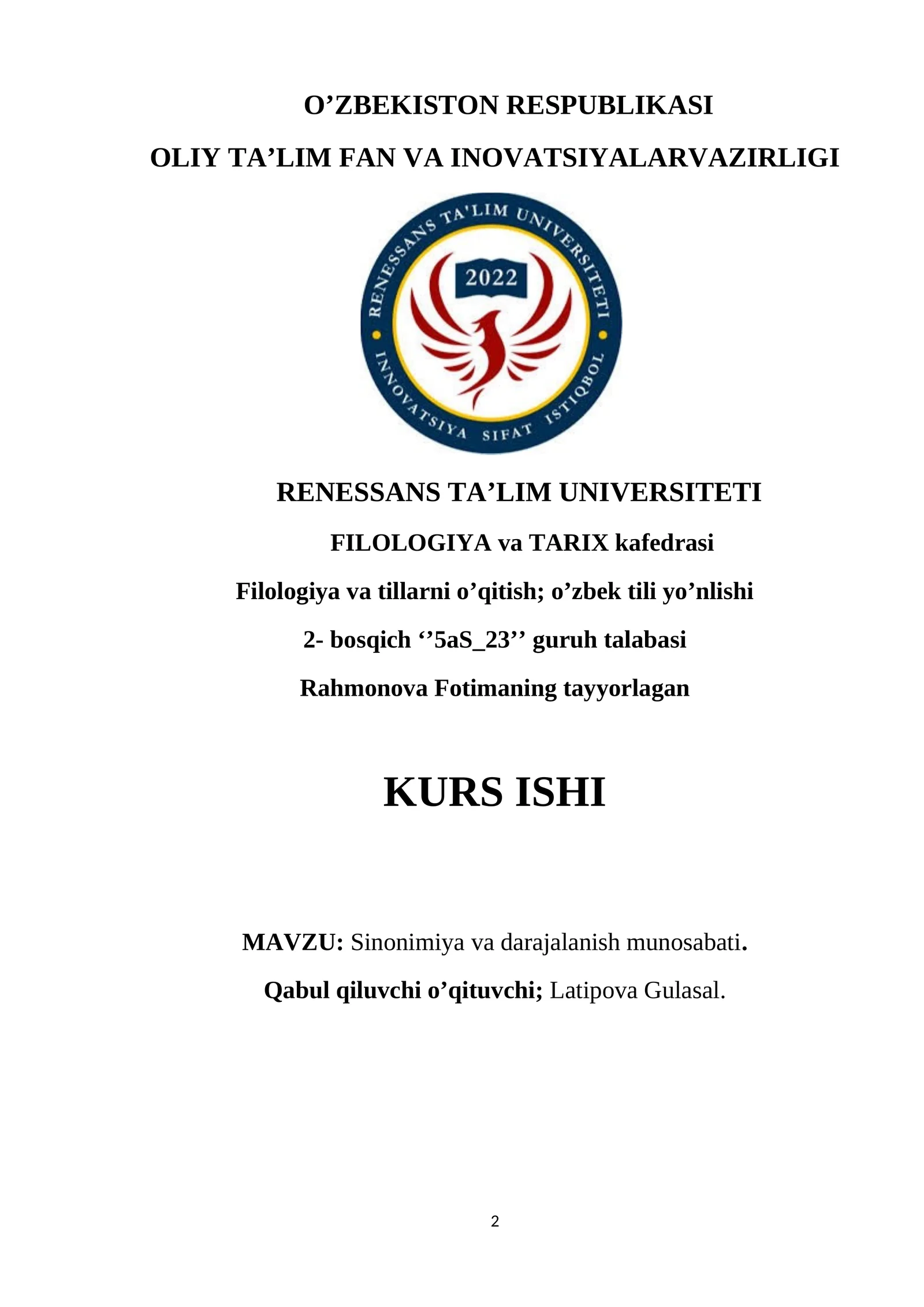 SINONIMIYA VA DARAJALANISH MUNOSABATI