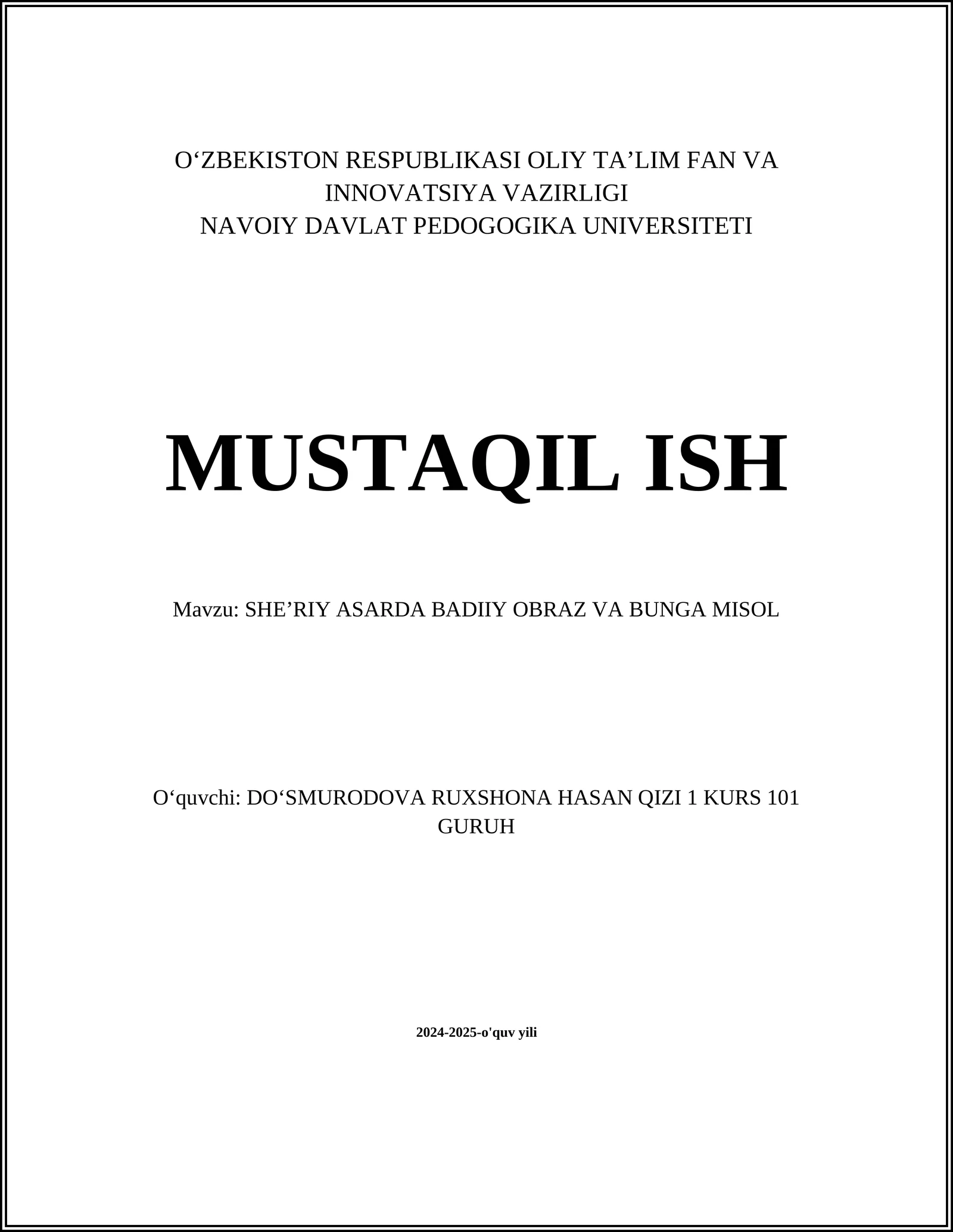 SHEʼRIY ASARDA BADIIY OBRAZ VA BUNGA MISOL