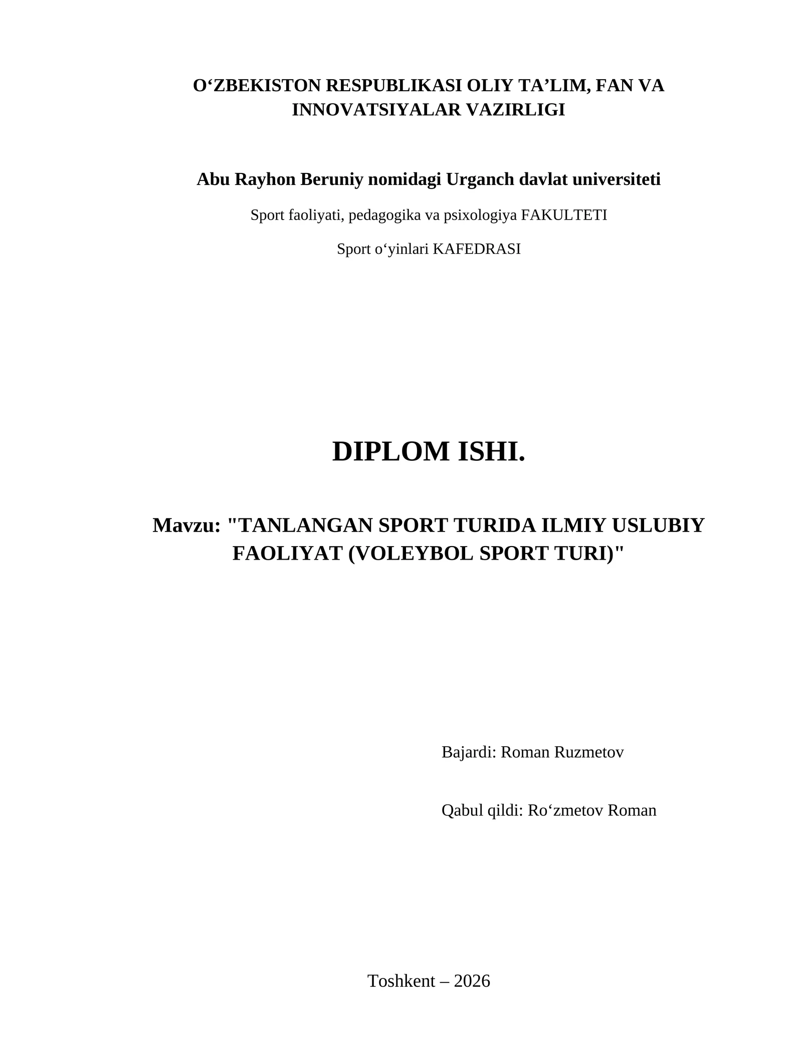 Tanlangan sport turida ilmiy uslubiy faoliyat (voleybol sport turi)