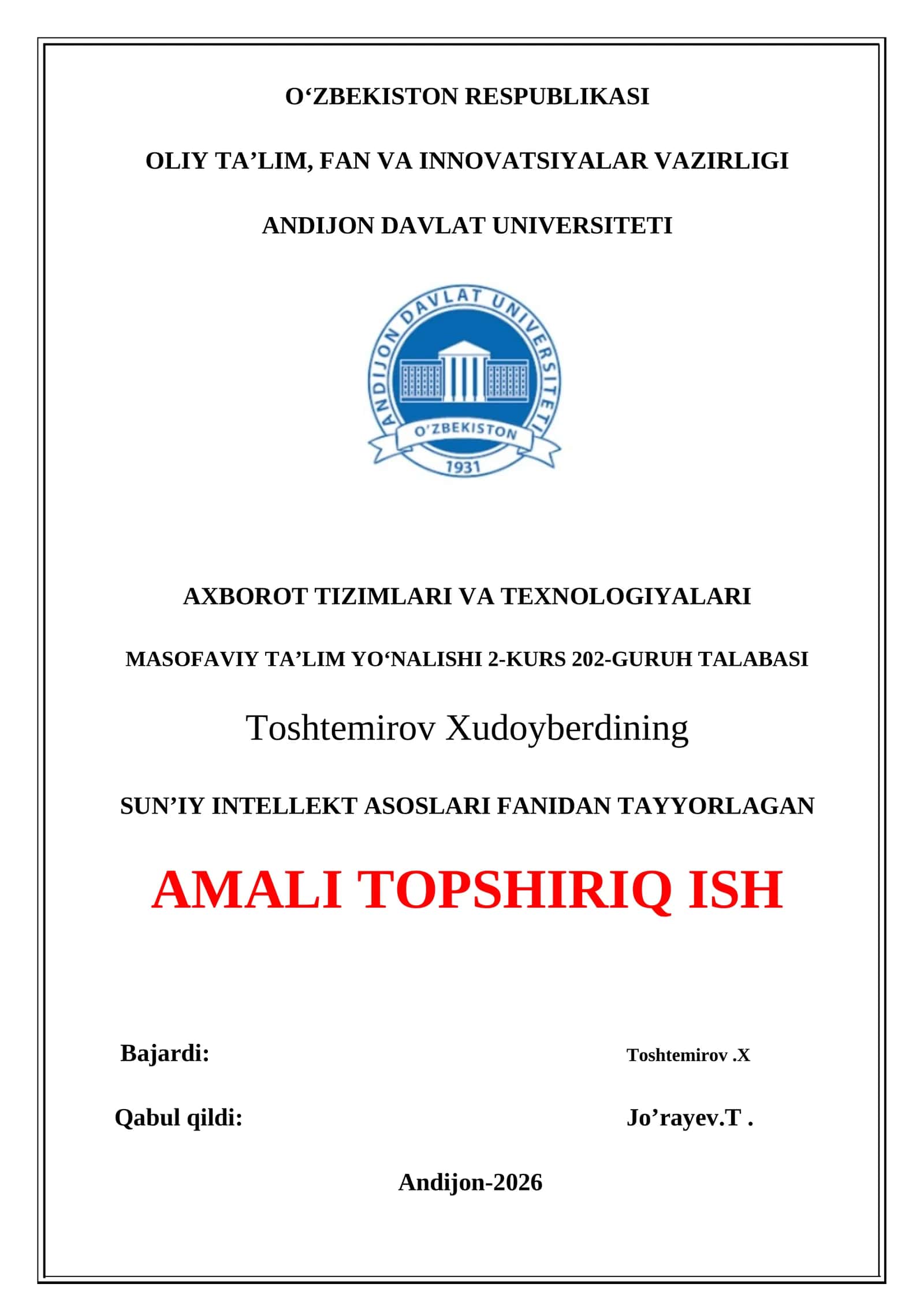 SUN’IY INTELLEKT ASOSLARI FANIDAN TAYYORLAGAN AMALI TOPSHIRIQ ISH