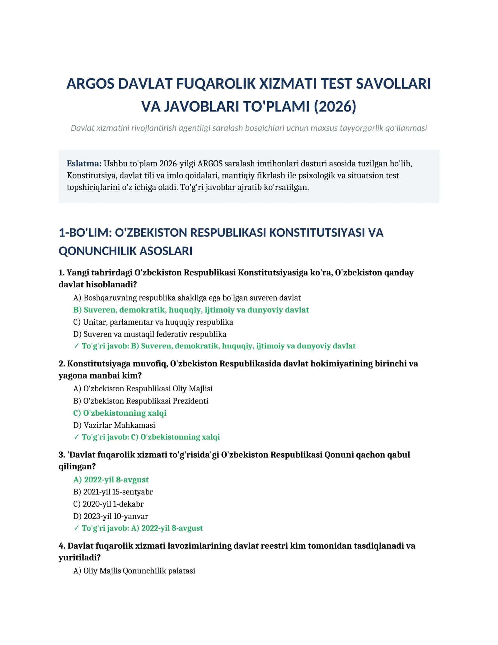 ARGOS Davlat xizmatchilari test savollari va javoblari to'plami (2026)