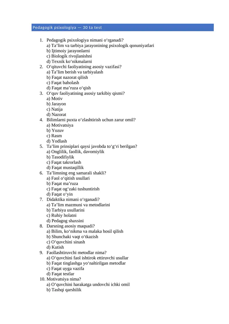 Pedagogik psixologiya — 30 ta test