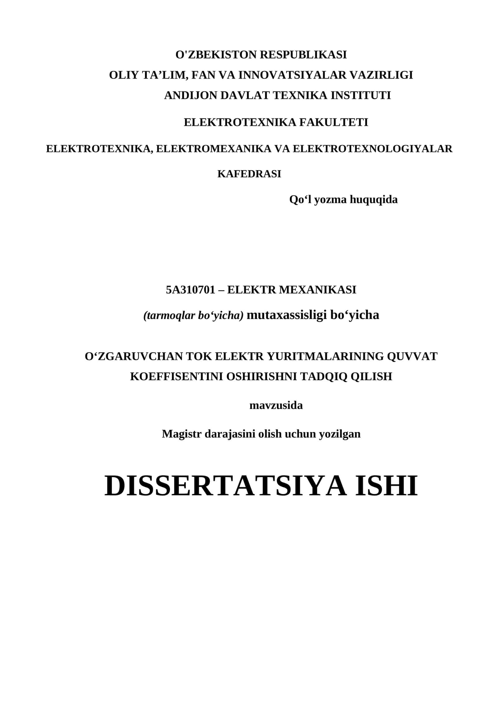 O‘zgaruvchan tok elektr yuritmalarining quvvat koeffitsiyentni oshirishni tadqiq qilish