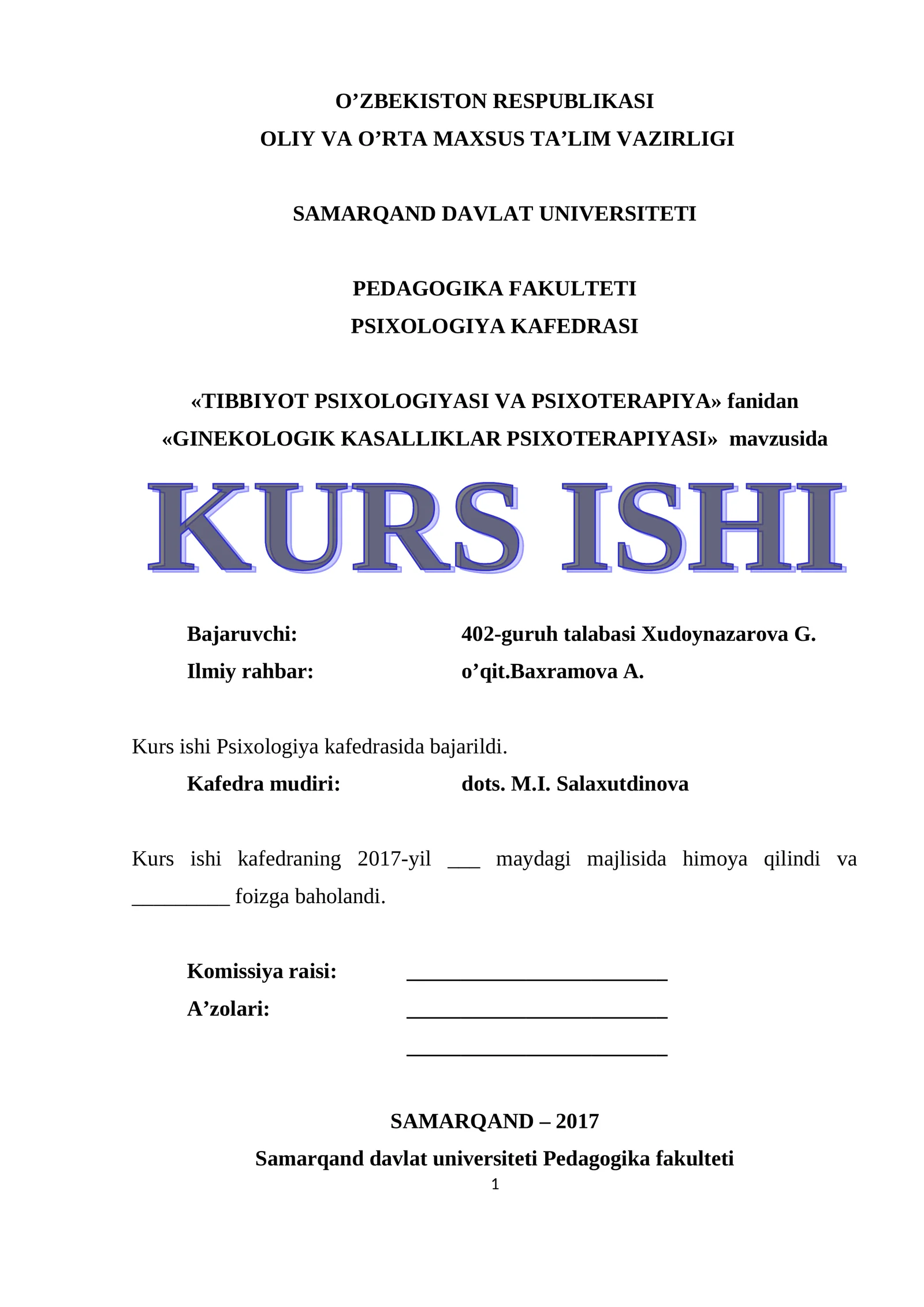 GINEKOLOGIK KASALLIKLAR PSIXOTERAPIYASI