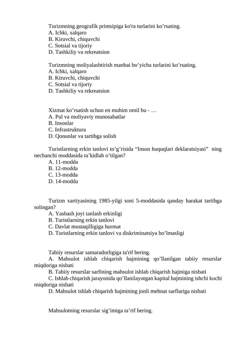 Turizmning geografik printsipiga ko'ra turlarini ko’rsating