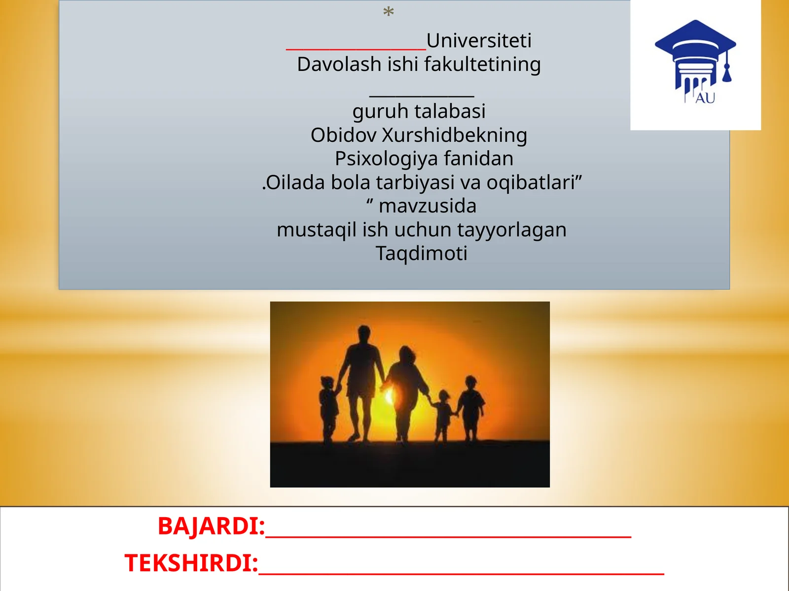 Universiteti Davolashishi fakulteti guruhi talabasi Obidov Xurshidbekning Psixologiya fanidan