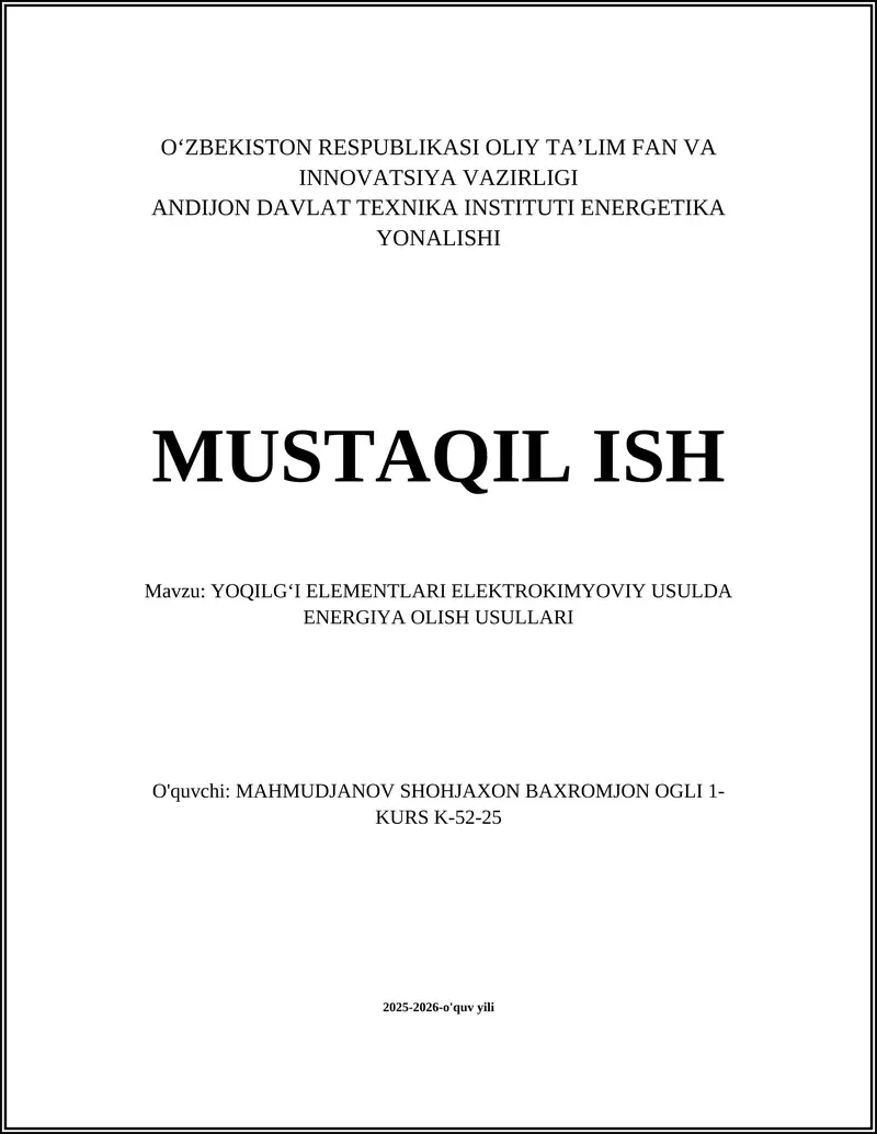 Yoqilgʻi Elementlari Elektrokimyoviy Usulda Energiya Olish Usullari