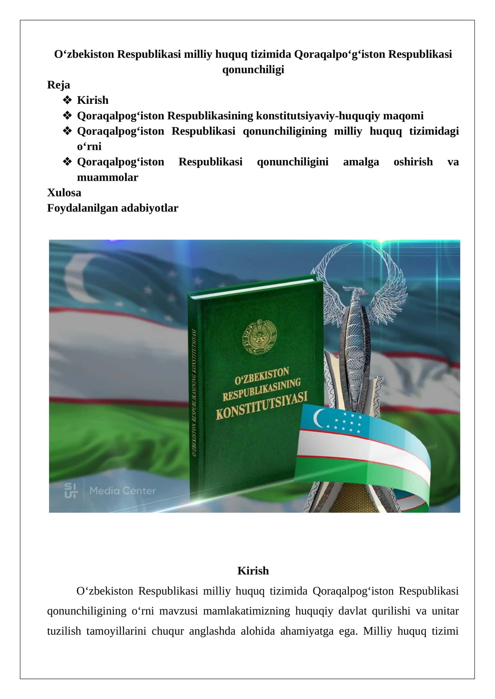 O‘zbekiston Respublikasi milliy huquq tizimida Qoraqalpo‘g‘iston Respublikasi qonunchiligi