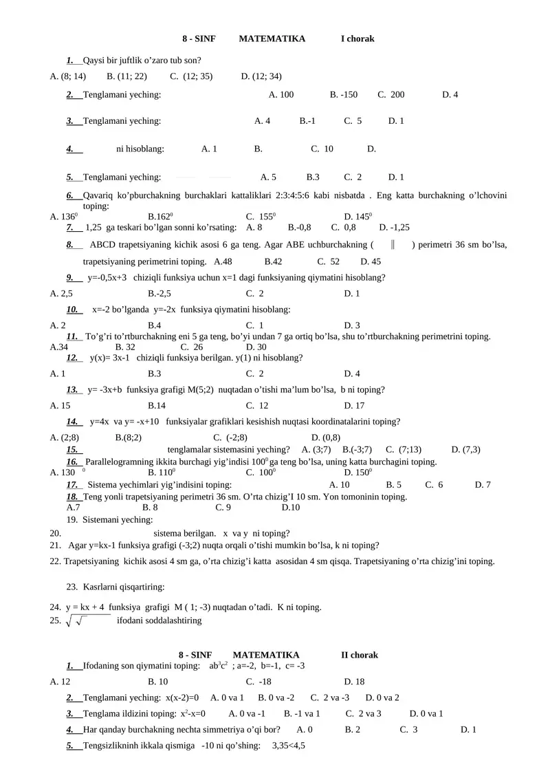 8 - SINF MATEMATIKA I chorak