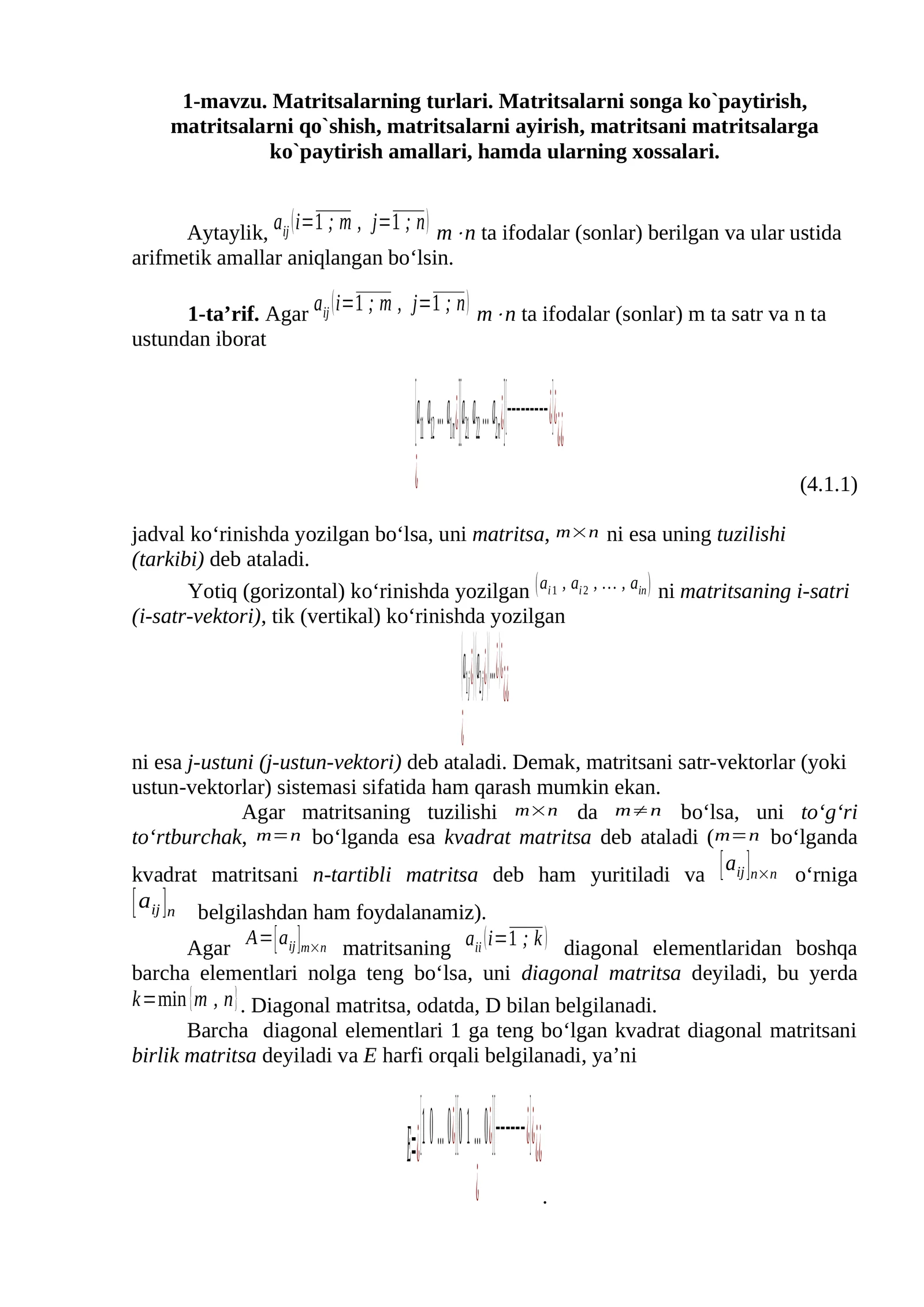 Matritsalarning turlari