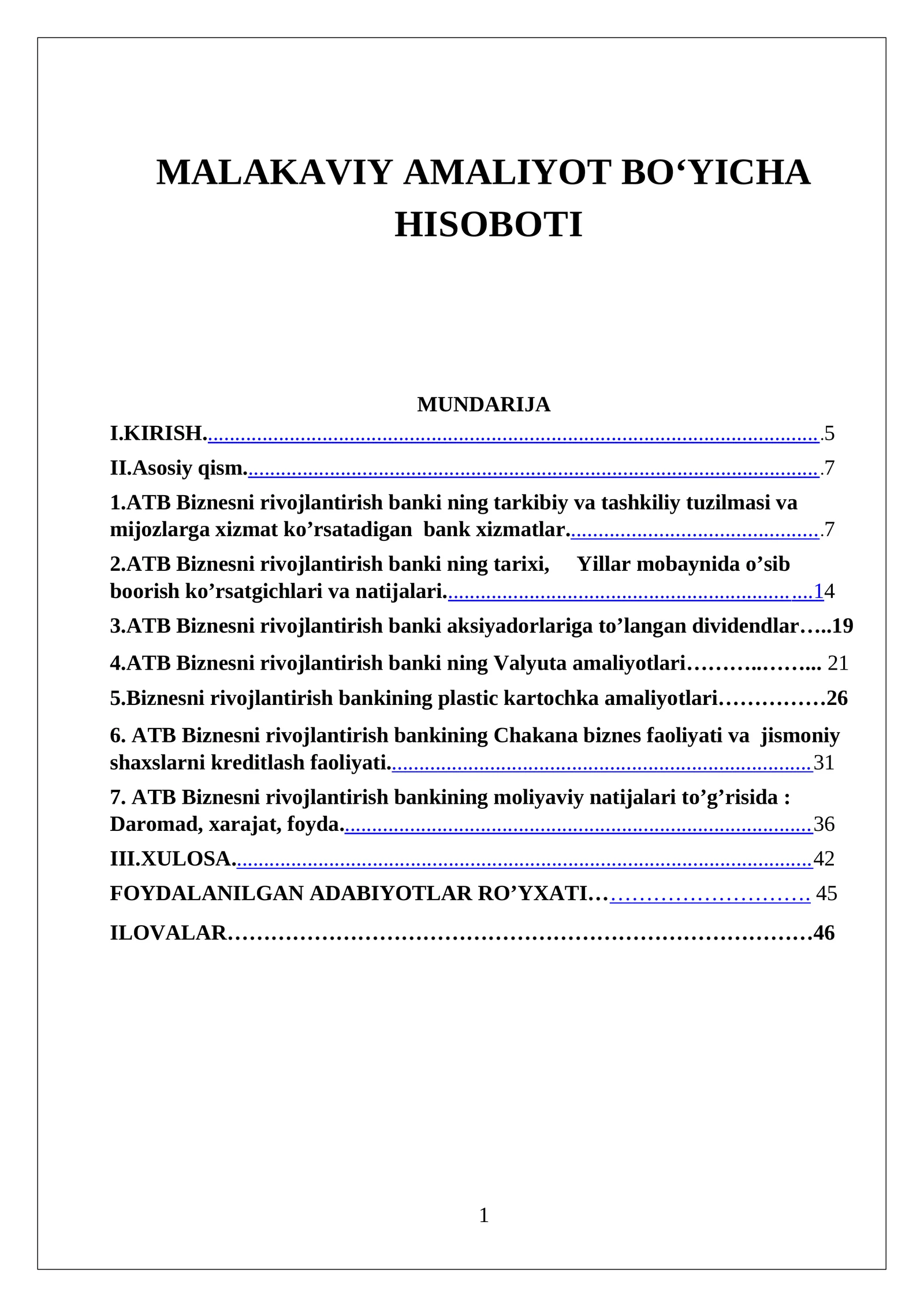 Malakaviy Amaliyot Bo‘yicha Hisoboti