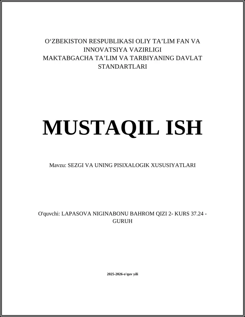 SEZGI VA UNING PISIXALOGIK XUSUSIYATLARI