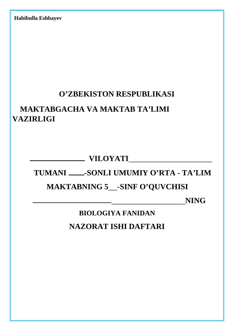 BIOLOGIYA FANIDAN NAZORAT ISHI DAFTARI