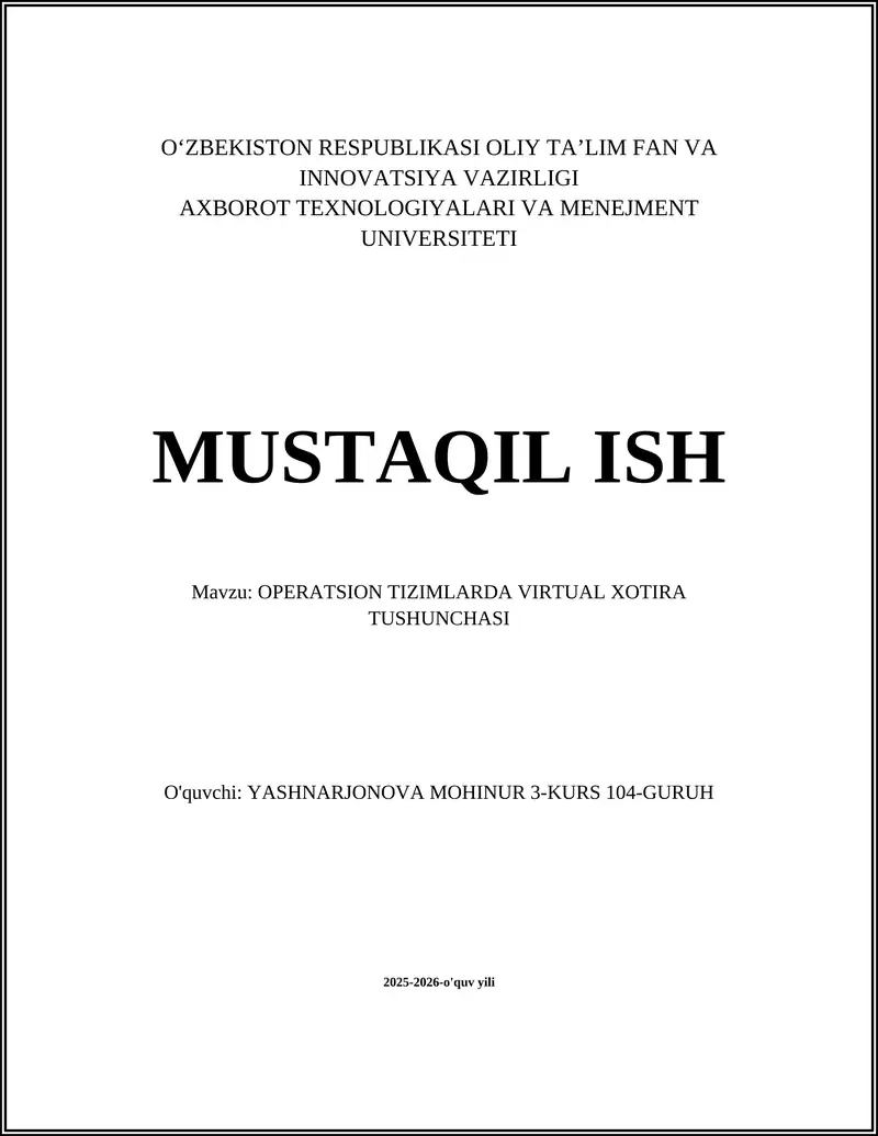 OPERATSION TIZIMLARDA VIRTUAL XOTIRA TUSHUNCHASI