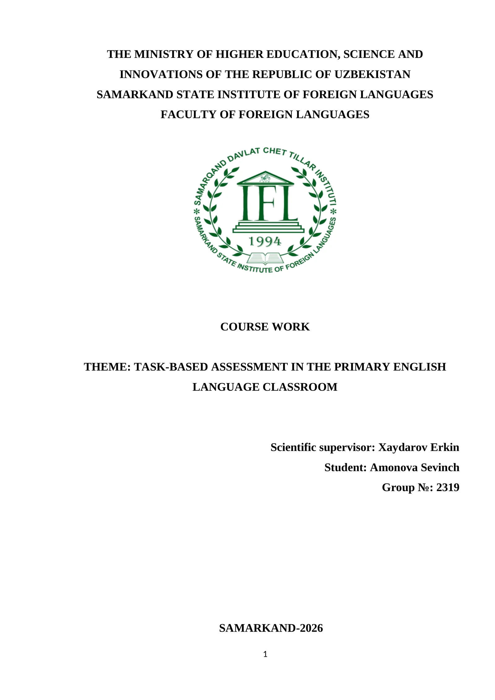 COURSE WORK THEME: TASK-BASED ASSESSMENT IN THE PRIMARY ENGLISH LANGUAGE CLASSROOM