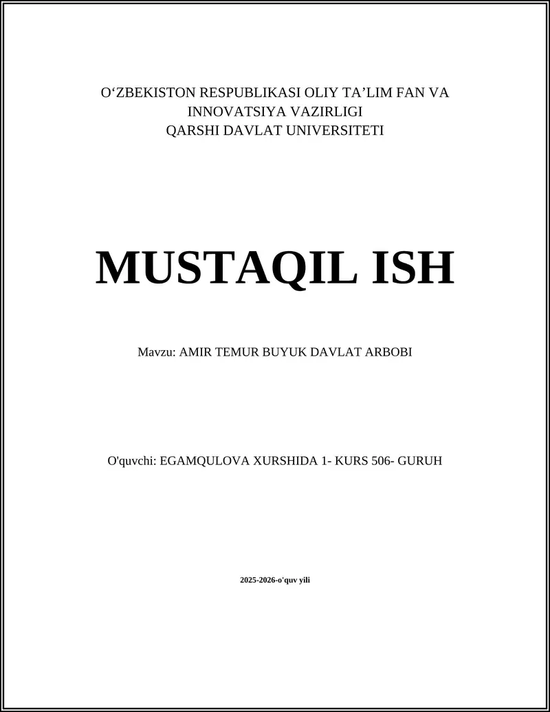 AMIR TEMUR BUYUK DAVLAT ARBOBI