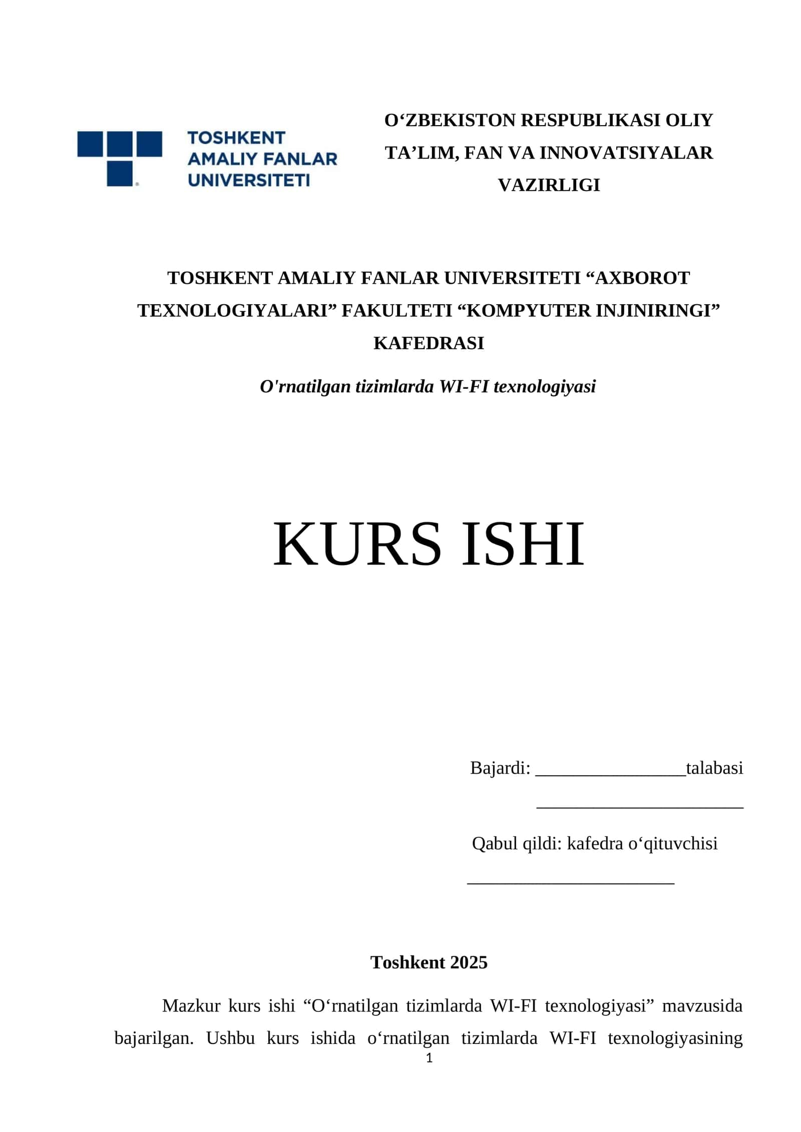 O‘rnatilgan tizimlarda WI-FI texnologiyasi