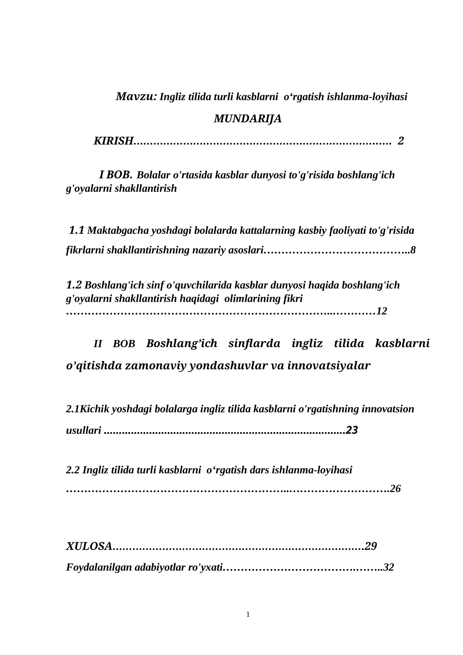 Ingliz tilida turli kasblarni oʻrgatish ishlanma-loyihasi
