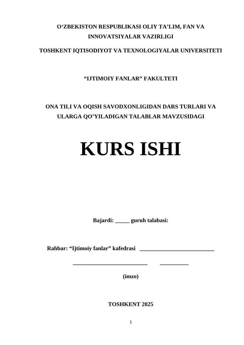 ONA TILI VA OQISH SAVODXONLIGI FANIDAN DARS TURLARI
