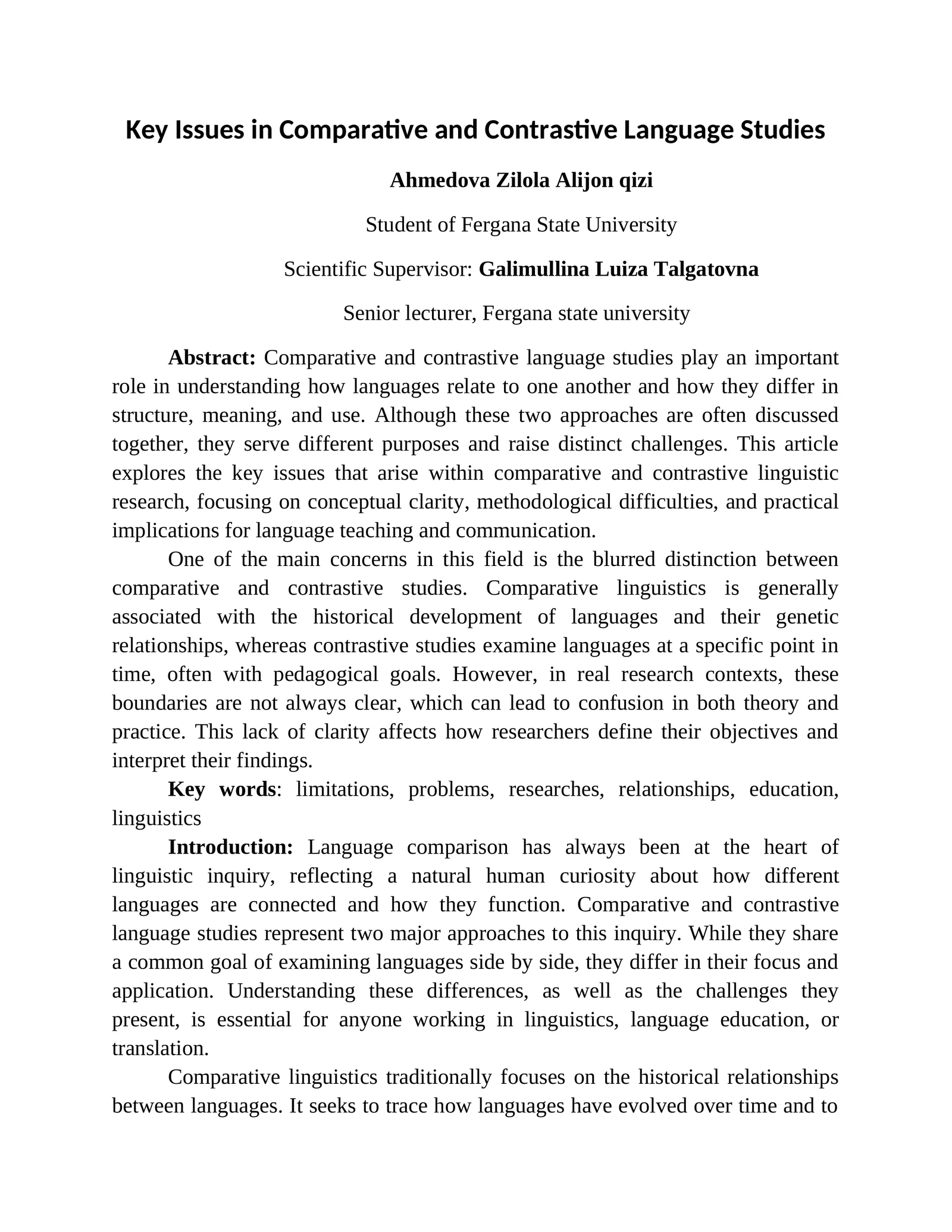 Key Issues in Comparative and Contrastive Language Studies