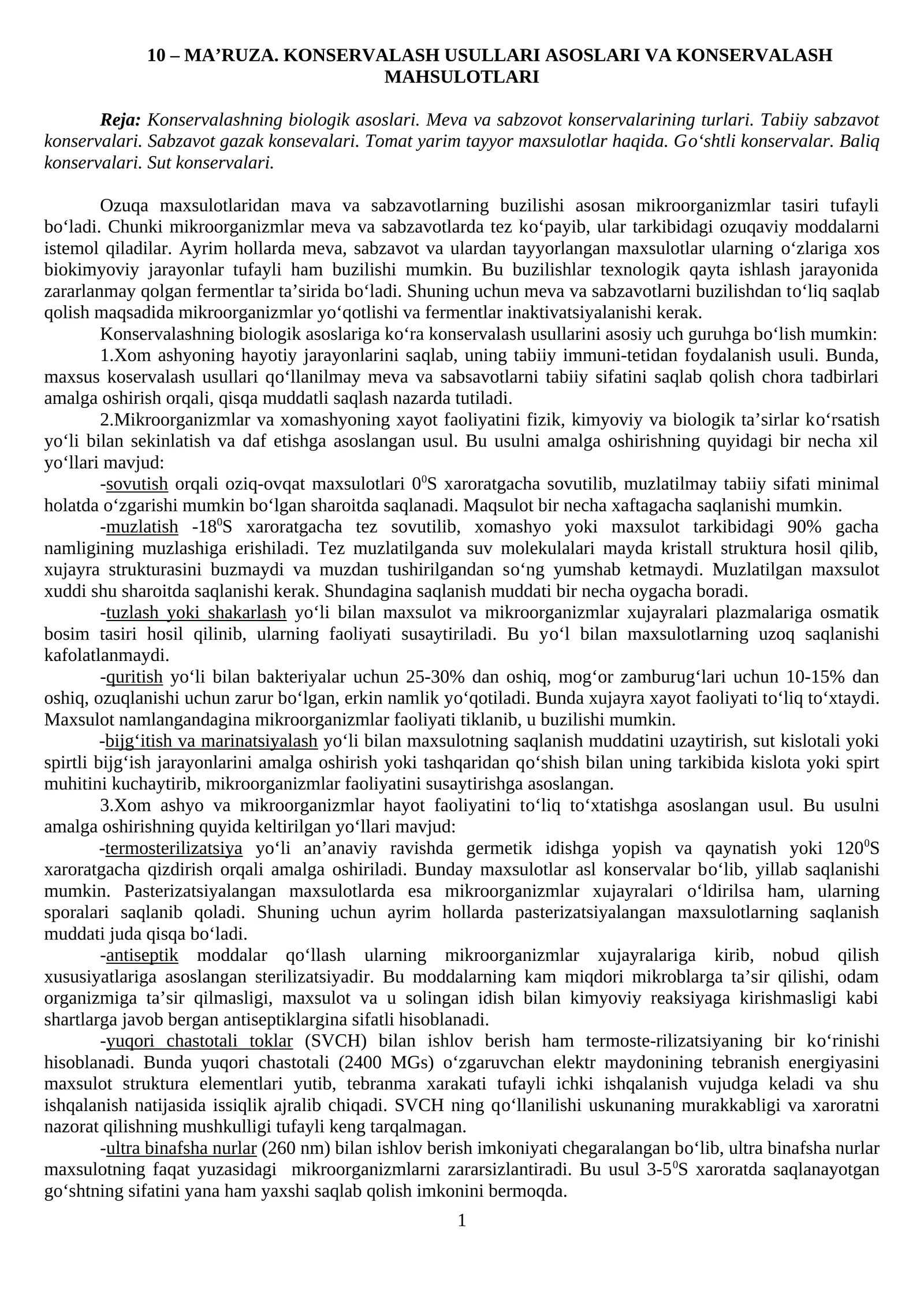 MA’RUZA. KONSERVALASH USULLARI ASOSLARI VA KONSERVALASH MAHSULOTLARI