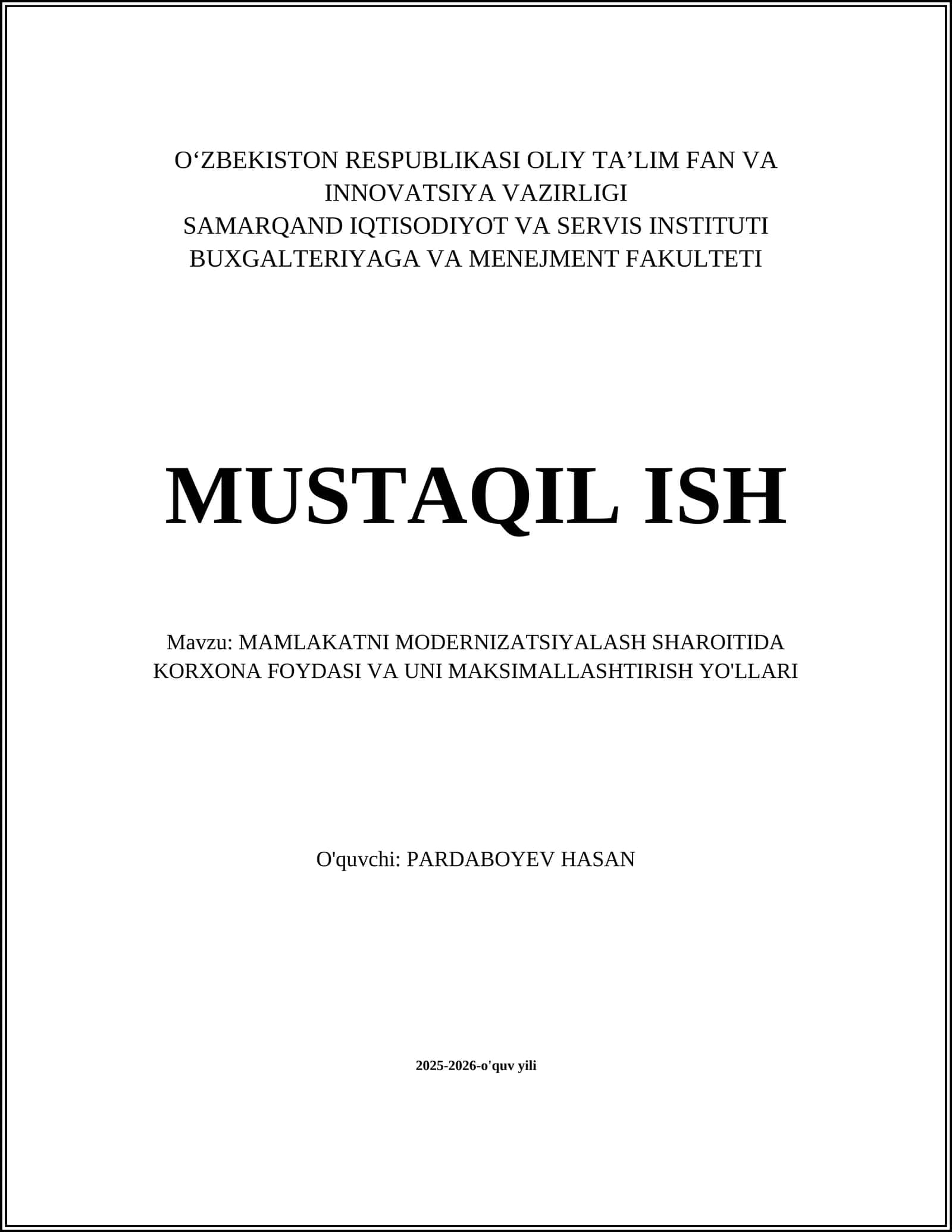 MAMLAKATNI MODERNIZATSIYALASH SHAROITIDA KORXONA FOYDASI VA UNI MAKSIMALLASHTIRISH YO'LLARI
