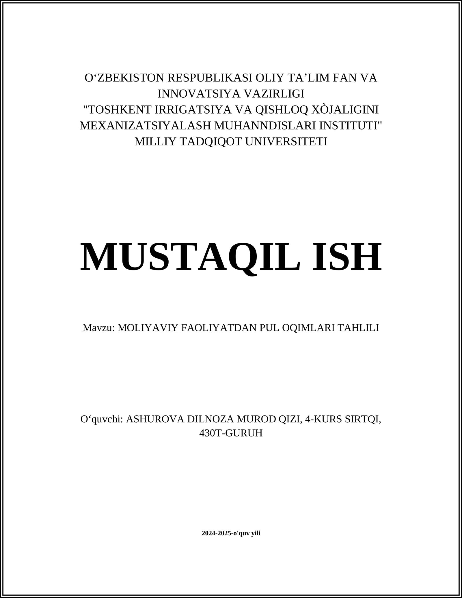 Moliyaviy Faoliyatdan Pul Oqimlari Tahlili