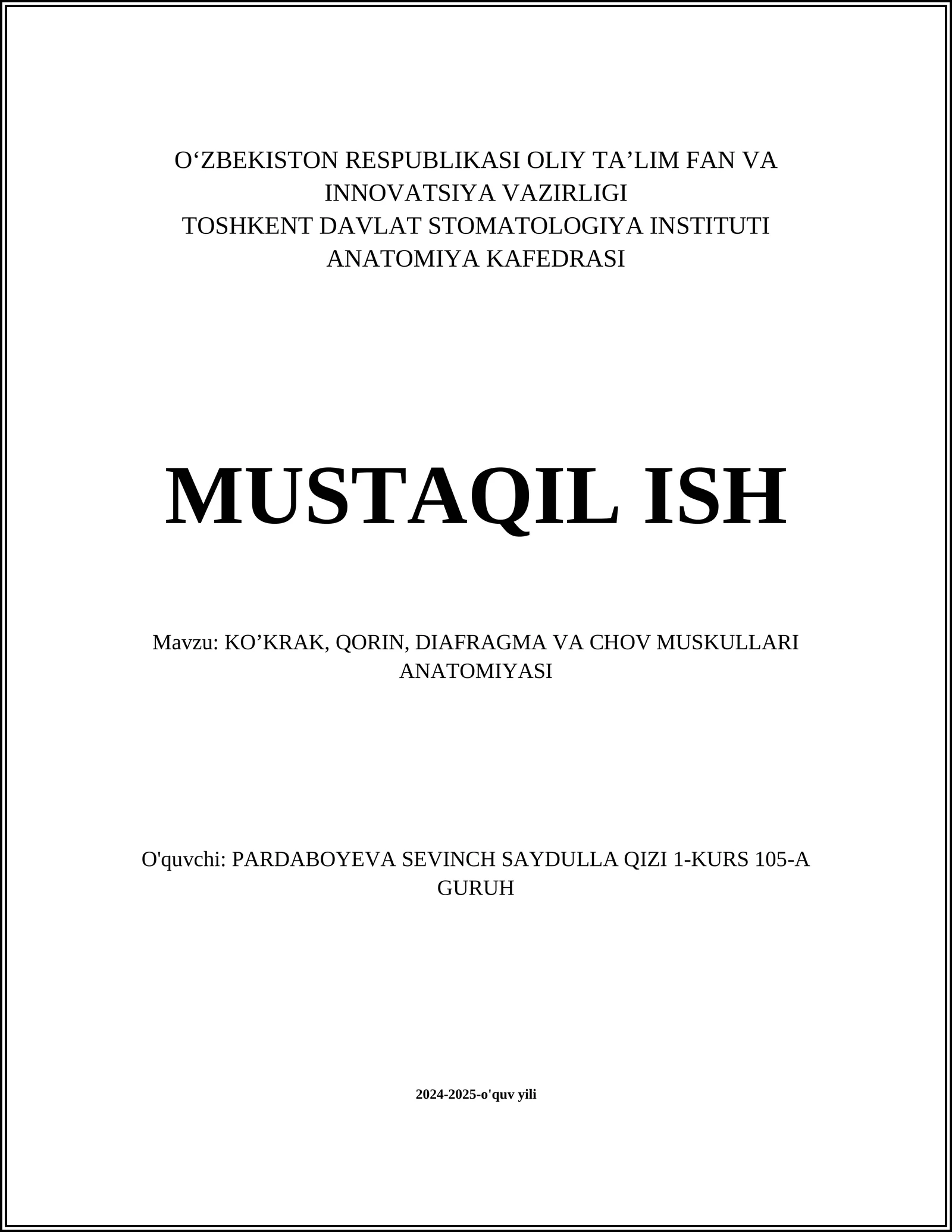 KO’KRAK, QORIN, DIAFRAGMA VA CHOV MUSKULLARI ANATOMIYASI