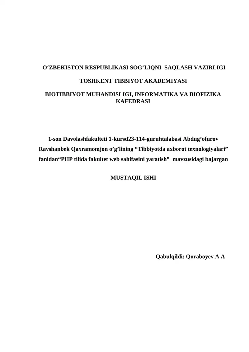 PHP tilida fakultet web sahifasini yaratish