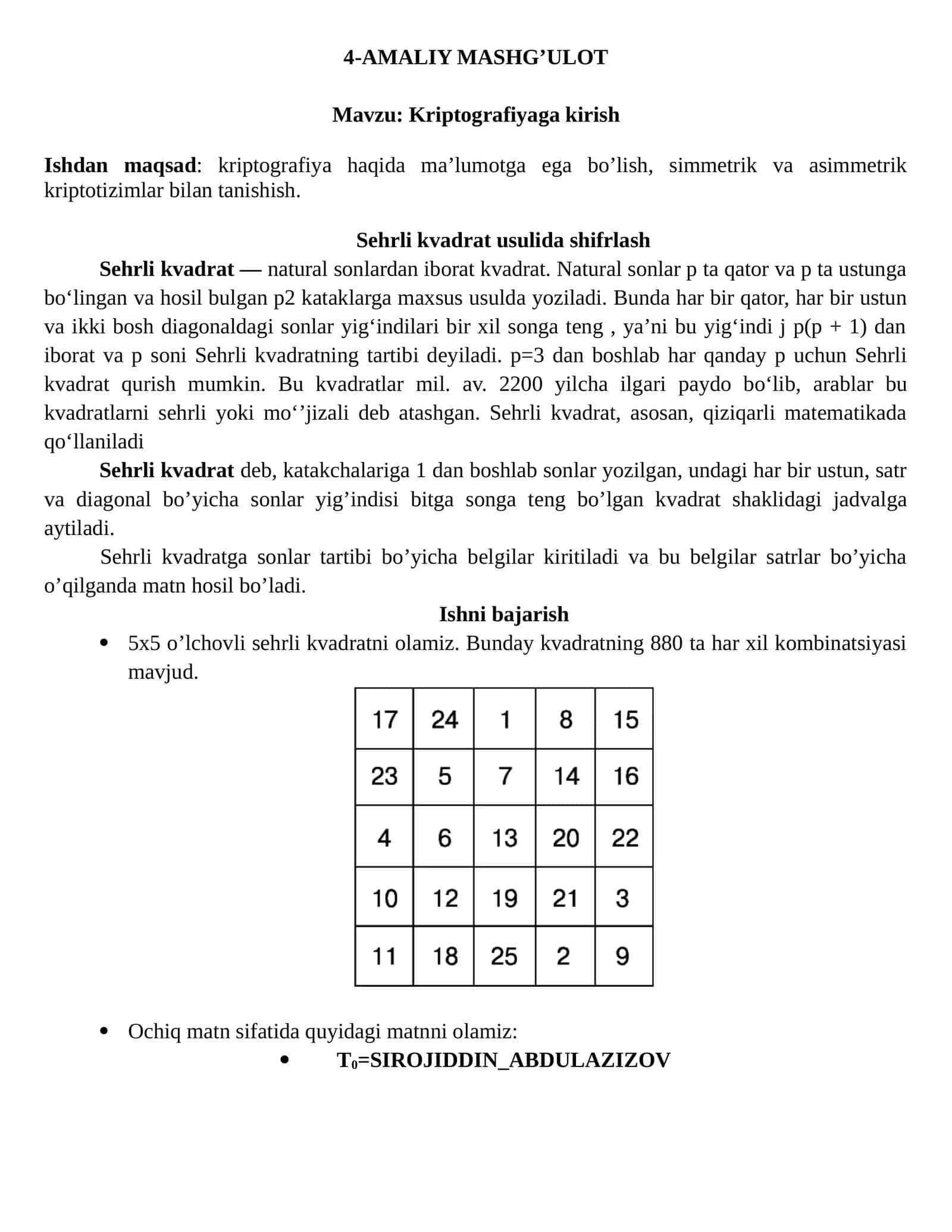 Sehrli kvadrat usulida shifrlash