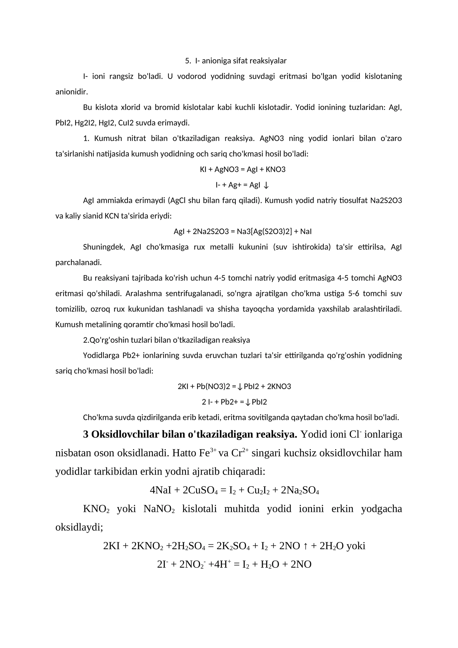 I- anioniga sifat reaksiyalar