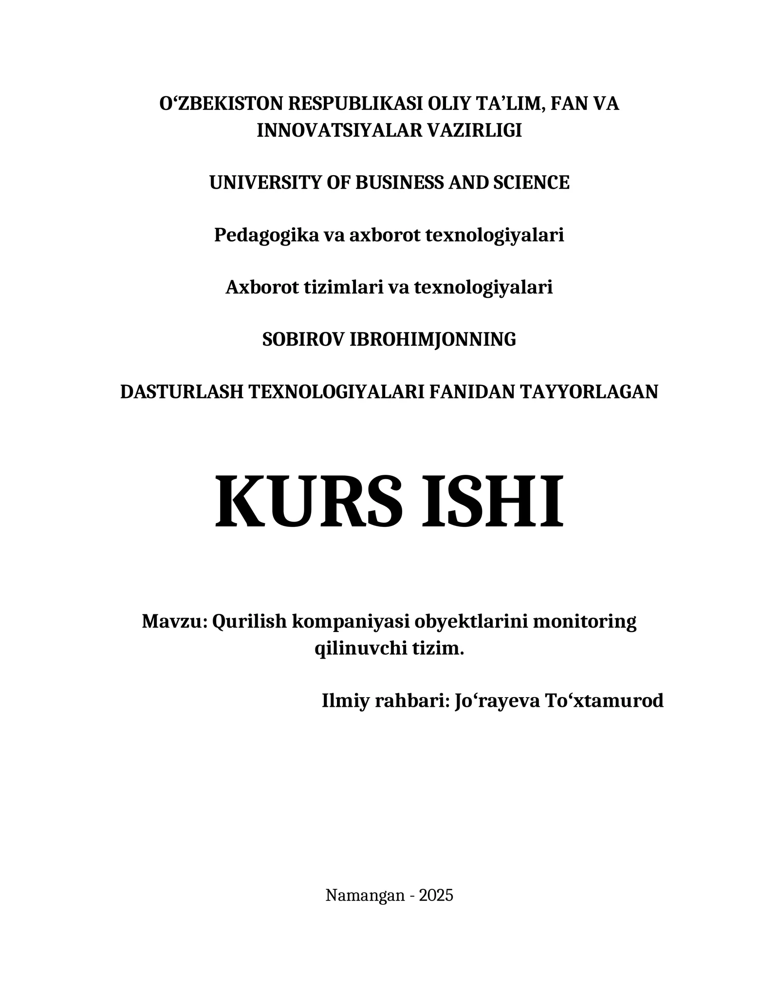 Qurilish kompaniyasi obyektlarini monitoring qilinuvchi tizim