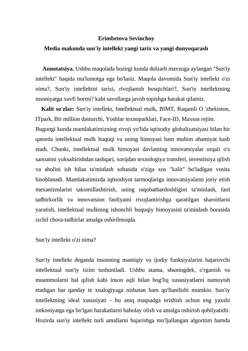 Sun'iy Intellektning Yangi Tarixi va Dunyoqarash