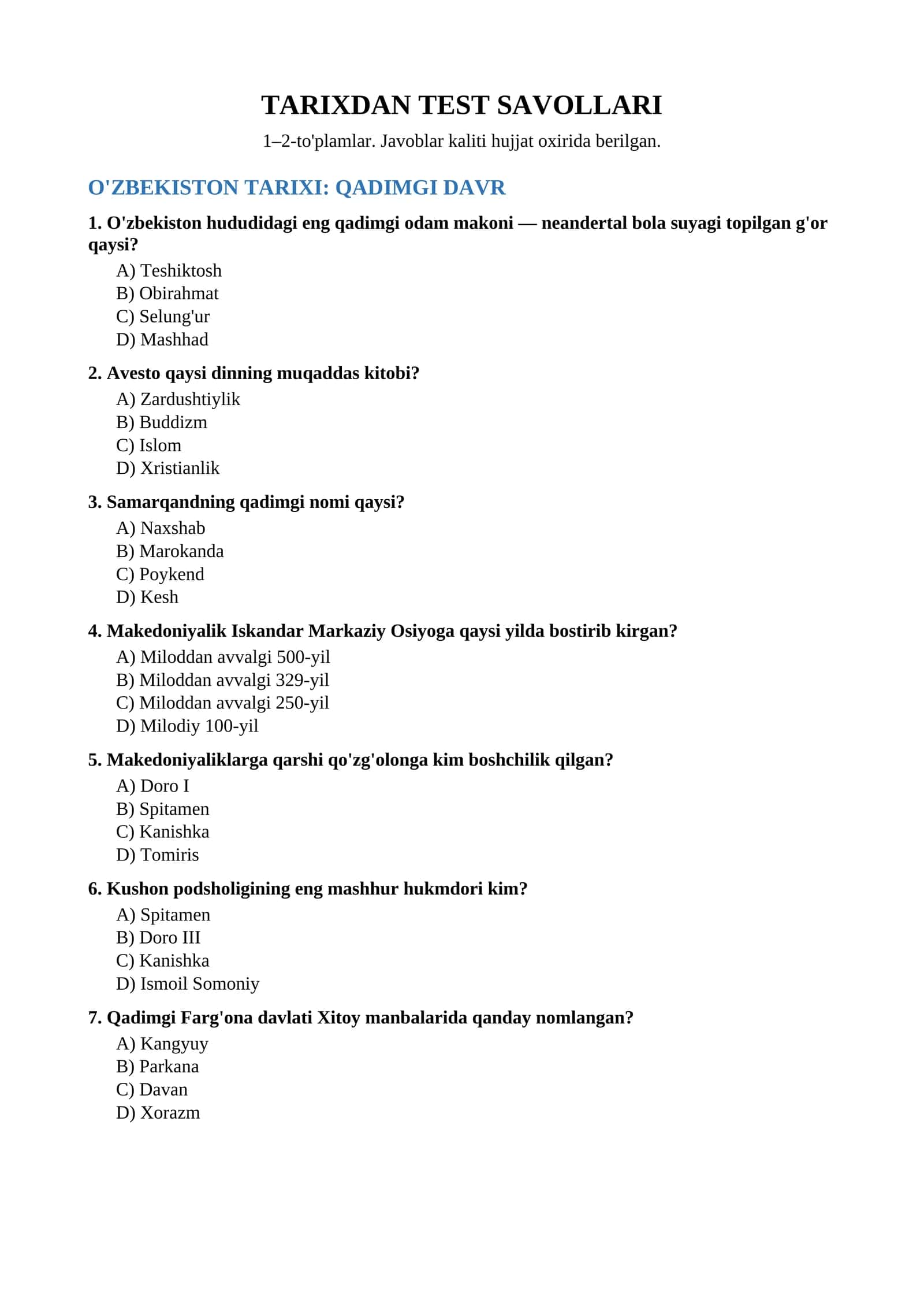 TARIXDAN TEST SAVOLLARI