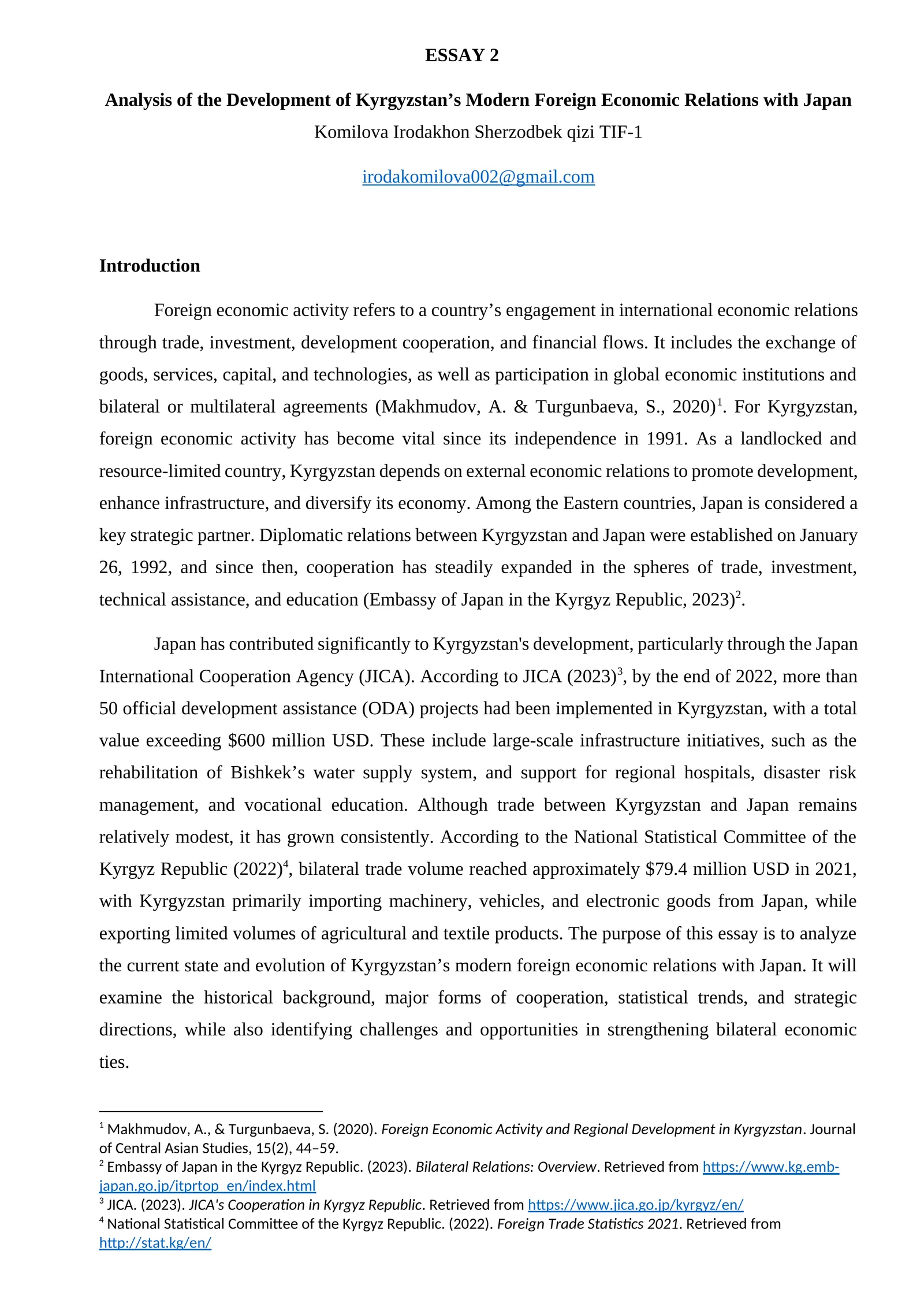 Analysis of the Development of Kyrgyzstan’s Modern Foreign Economic Relations with Japan