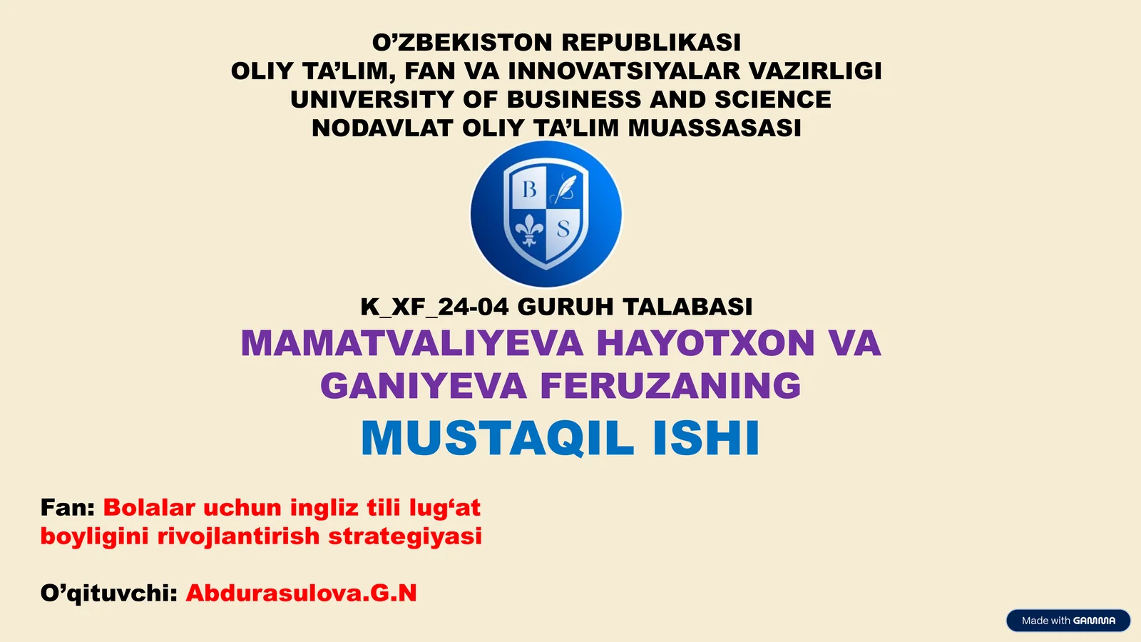 Bolalar uchun ingliz tili lug‘at boyligini rivojlantirish strategiyasi
