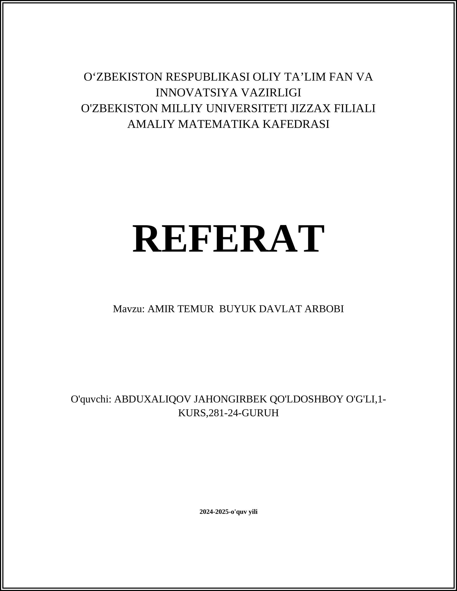 AMIR TEMUR BUYUK DAVLAT ARBOBI