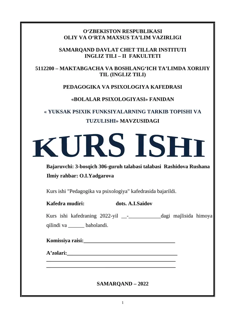 YUKSAK PSIXIK FUNKSIYALARNING TARKIB TOPISHI VA TUZULISHI KURS ISHI