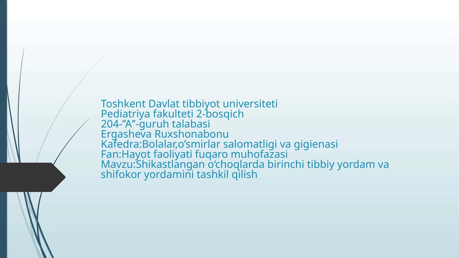 Shikastlangano‘choqlarda birinchi tibbiy yordam vashifokor yordamini tashkil qilish