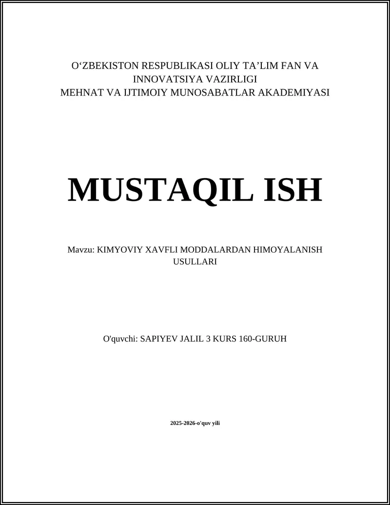 KIMYOVIY XAVFLI MODDALARDAN HIMOYALANISH USULLARI