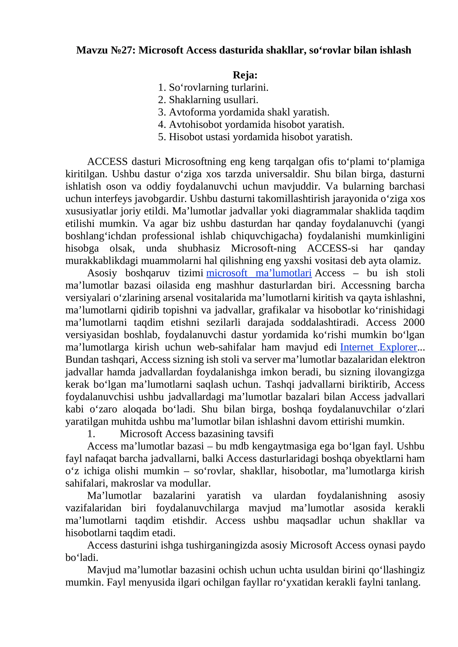 Microsoft Access dasturida shakllar, soʻrovlar bilan ishlash